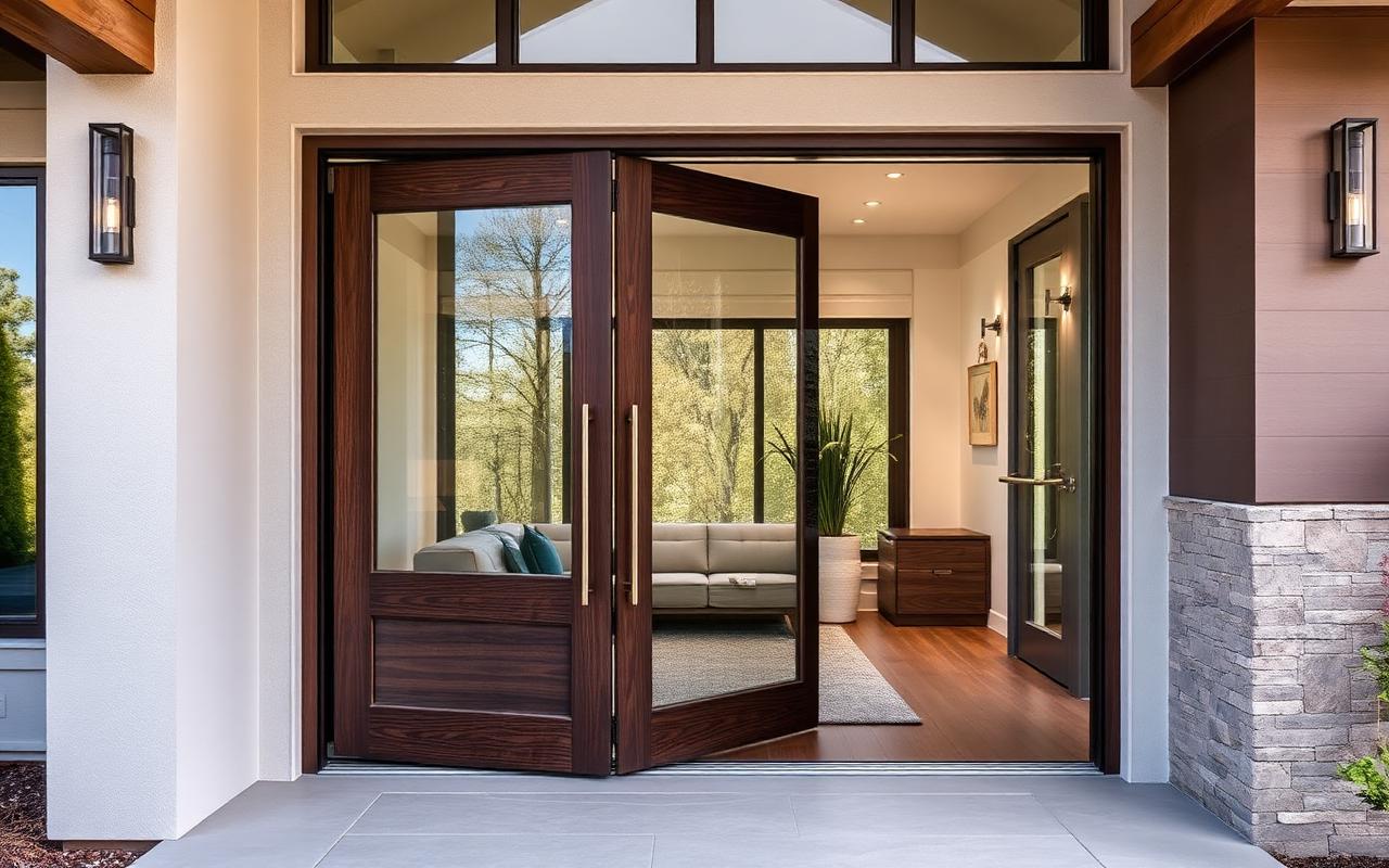 Modern wood and impact glass entry door